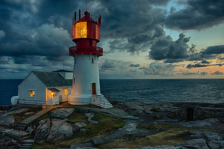 white lighthouse, photography, sea, sky, cloud - sky, architecture