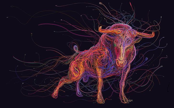 Bull, animals, USB, digital art, ethernet, colorful, wires