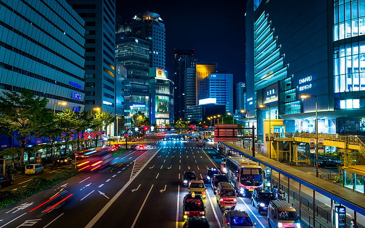Japan, Osaka, city, metropolis, street, avenue, traffic, Skyscrapers, HD wallpaper