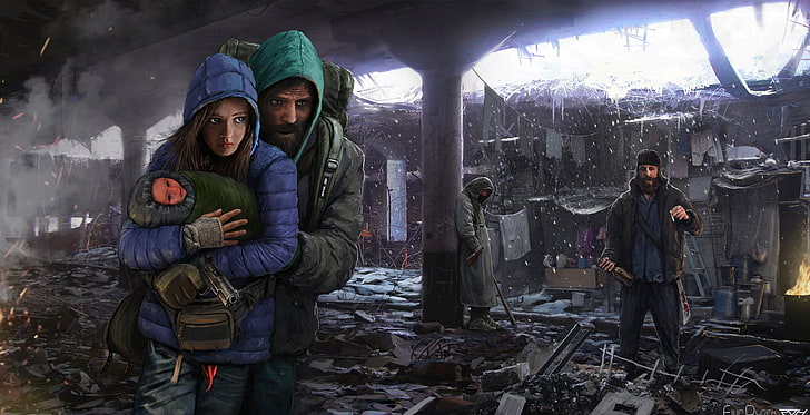 man and woman illustration, apocalyptic, artwork, Viggo Mortensen