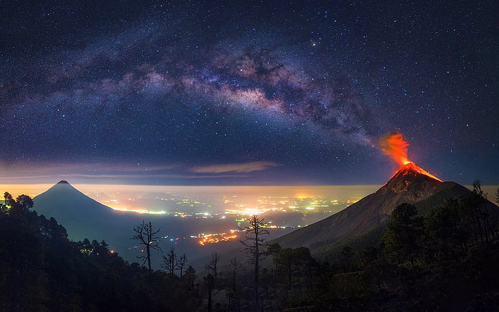 exploding volcano wallpaper, Milky Way, Guatemala, nature, space, HD wallpaper