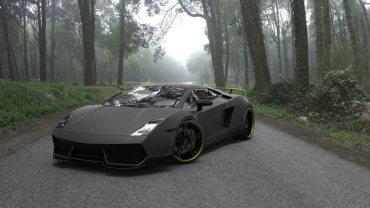 black Lamborghini supercar, transportation, motor vehicle, tree, HD wallpaper