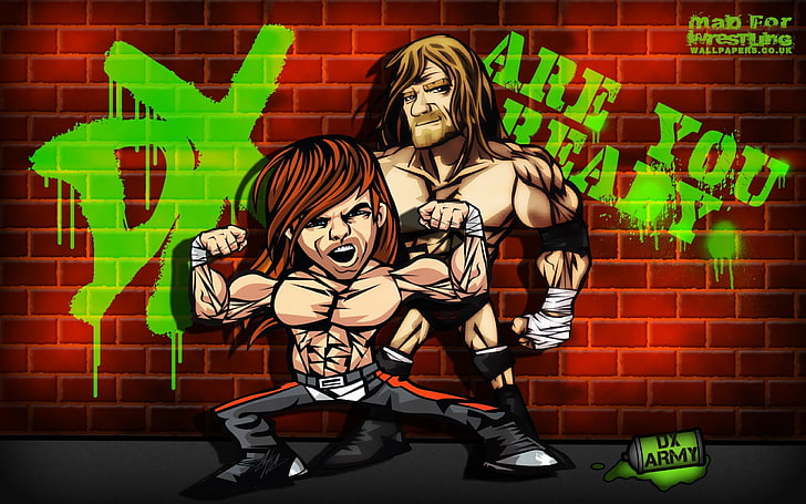 WWE, Triple H, DX, Shawn Michaels, cartoon, brick, wall - building feature