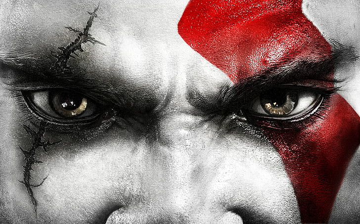 Kratos, God of war, Face, Eyes, Scar, portrait, red, looking at camera, HD wallpaper