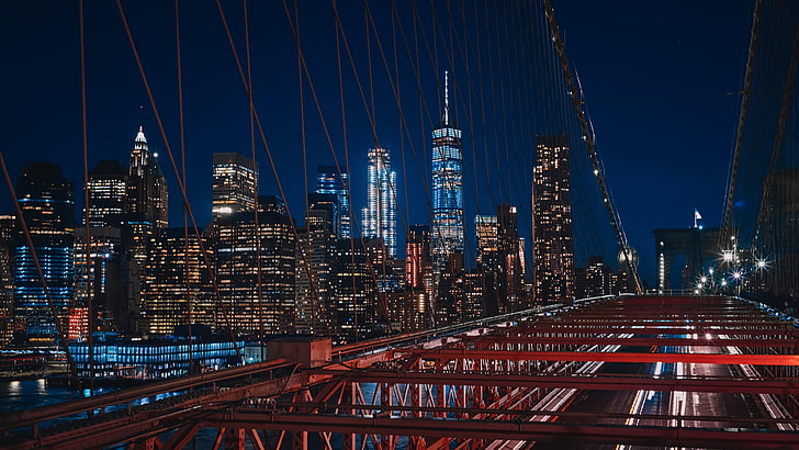 sky, city lights, bridge, united states, new york, dusk, architecture, HD wallpaper