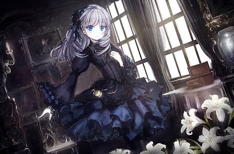 HD wallpaper: anime girl, gothic, loli, white hair, blue eyes, flowers,  indoors | Wallpaper Flare