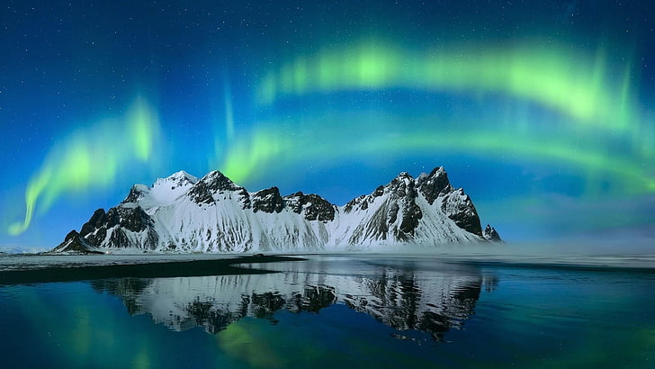 polar lights, reflection, horny mountains, hofn, peaks, brunnhorn