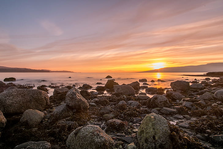 rocks beside sea shore, Lunderston Bay, sunset, Samyang, Lunderston  Bay, HD wallpaper