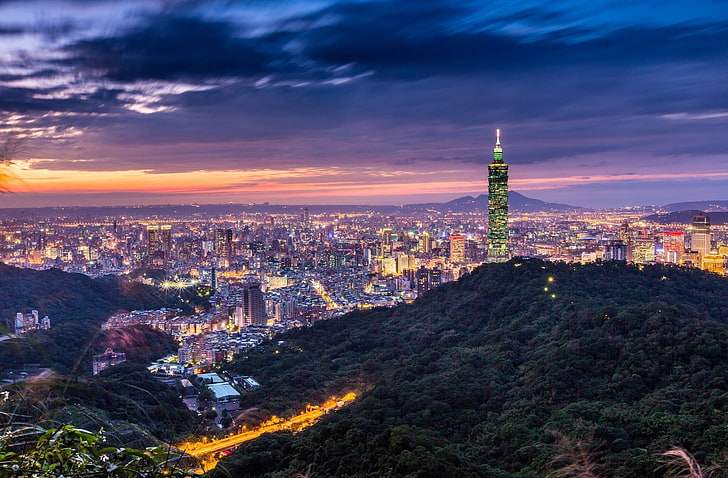 aerial photo of city during sunset, cityscape, Taipei 101, building, HD wallpaper