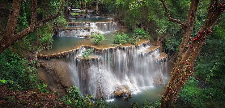 Thailand, waterfall, terraces, shrubs, forest, trees, tropical, HD wallpaper