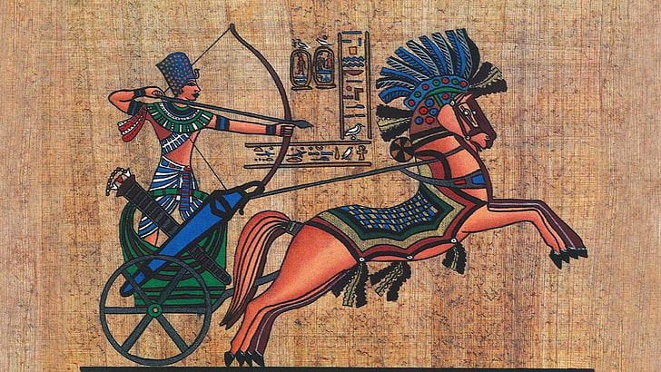 archer pharaoh men animals horse egypt ancient hieroglyphics bow arrows texture papyrus