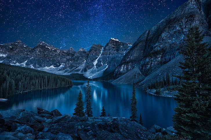 Lakes, Moraine Lake, Earth, Mountain, Night, Sky, Snow, Star