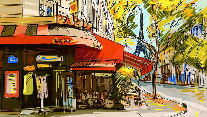 red and black roof, france, cafe, picture, paris, street, urban Scene