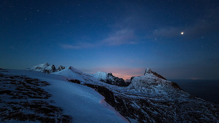 snow covered mountain, landscape, mountains, nature, stars, sky