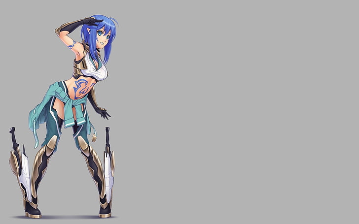 blue haired female anime character, anime girls, blue eyes, thigh-highs, HD wallpaper