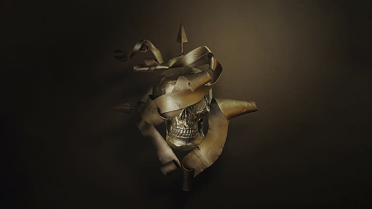 skull, gold, 3D, coins, render, simple background, HD wallpaper