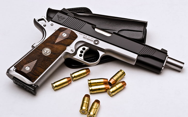 silver and black semi-automatic pistol, gun, weapons, cartridges, HD wallpaper