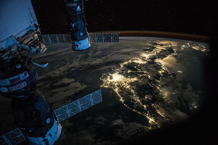 Soyuz, space, city lights, International Space Station, ISS