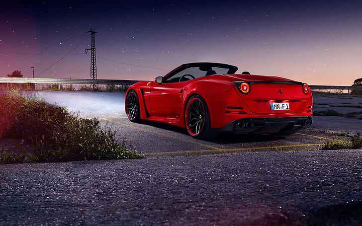 Ferrari California T red supercar, night, stars, red ferrari coupe, HD wallpaper
