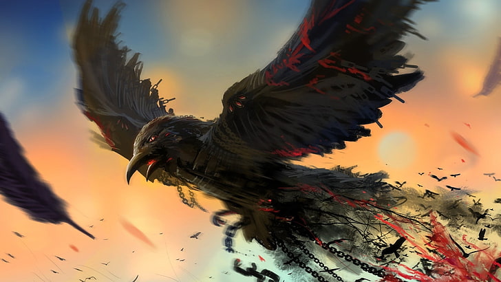 black bird illustration, birds, chains, artwork, crow, blood