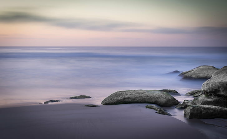 gray rocks on gray sand during daytime, Breath, sea, ocean, landscape, HD wallpaper
