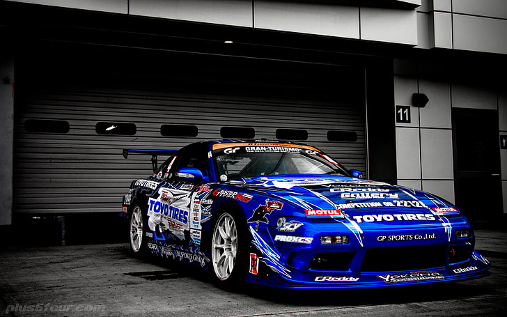 blue racing car, Nissan, tuning, race cars, blue cars, selective coloring