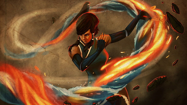 woman with fire and water power graphic wallpaper, Korra, Avatar: The Last Airbender