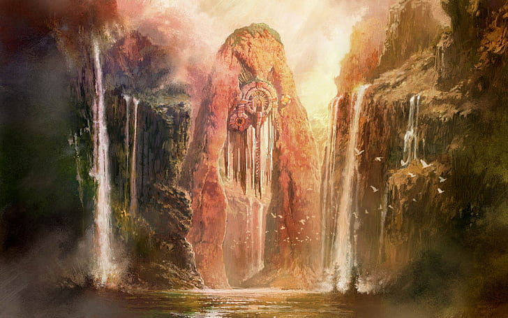 fantasy art, waterfall, scenics - nature, rock formation, beauty in nature, HD wallpaper
