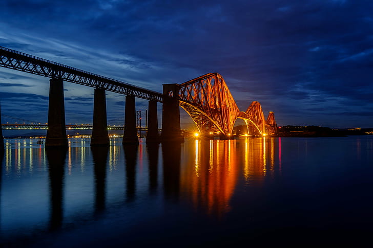 bridge photography, Forth Rail Bridge, Night, Scotland, Travel, HD wallpaper