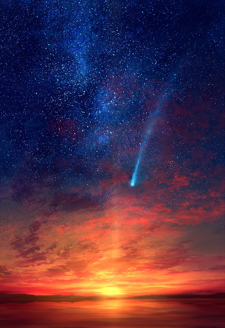 anime, blue, clouds, landscape, original, red, scan, sky, stars
