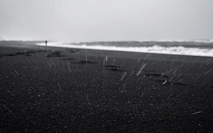 black sand, beach, landscape, rain, water, sky, tranquility, nature, HD wallpaper