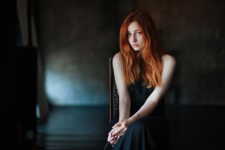 redhead, model, sitting, Vladislava Masko, black dress, women, HD wallpaper