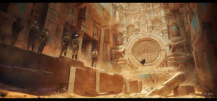 digital art, artwork, Indiana Jones, desert, temple, HD wallpaper
