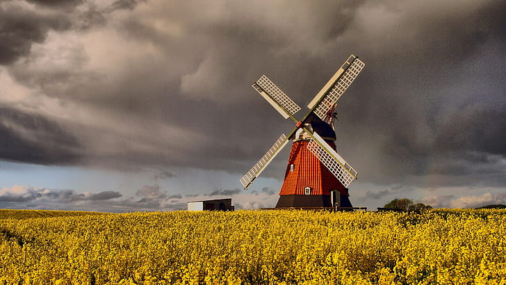 denmark windmills clouds grain, HD wallpaper