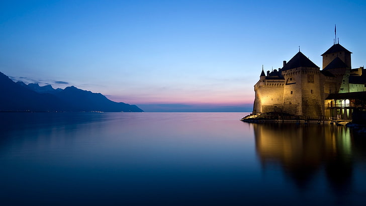 beige building near body of water and mountain, castle, lake, HD wallpaper