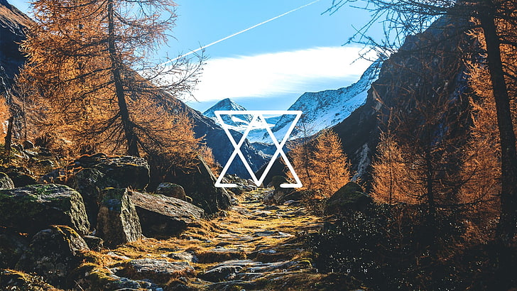 brown trees, mountains, photography, digital art, geometry, polyscape