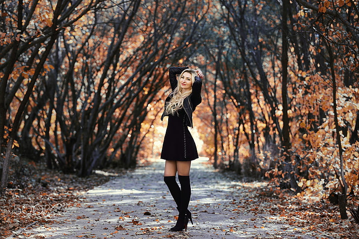 women's black long-sleeved mini dress, model, long hair, wavy hair, HD wallpaper