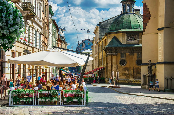 Ukraine, Lviv, Street, Cafes, building exterior, architecture, HD wallpaper