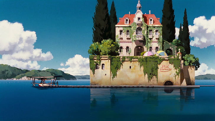 mansions, landscape, house, castle, anime, Porco Rosso, sea