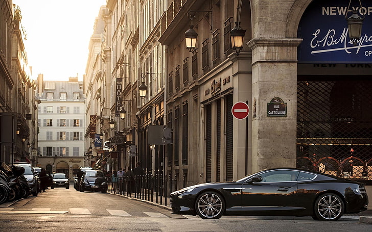 black coupe, car, city, road, street, Aston Martin, Aston Martin Vanquish