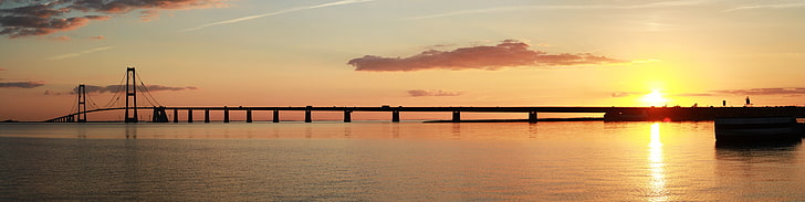 bridge, sunset, multiple display, sky, water, reflection, sea