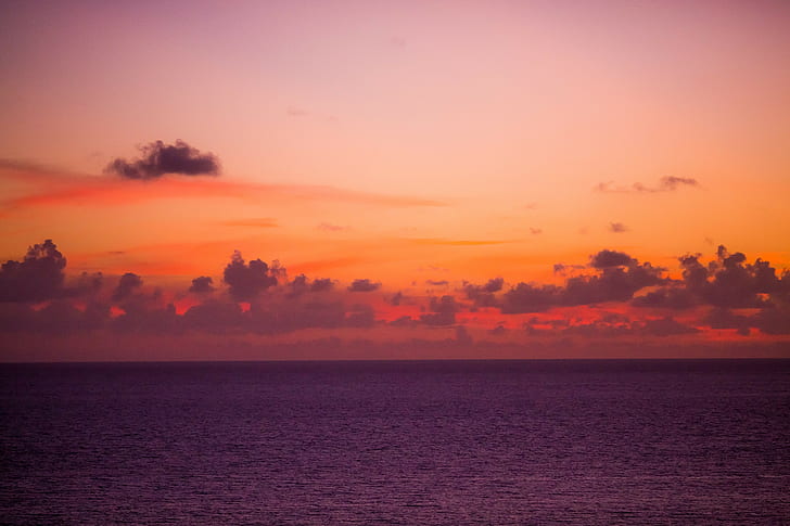 sea, orange sky, skyscape, landscape, HD wallpaper