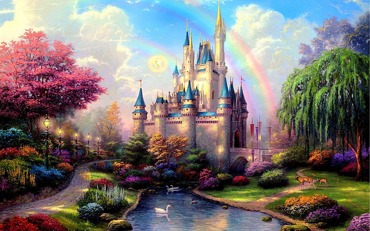 Castles, Bush, Cinderella's castle, Colorful, Fantasy, River, HD wallpaper