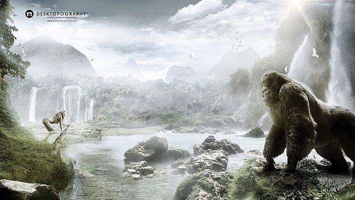 silver-back gorillas illustration, monkey, landscape, Desktopography, HD wallpaper