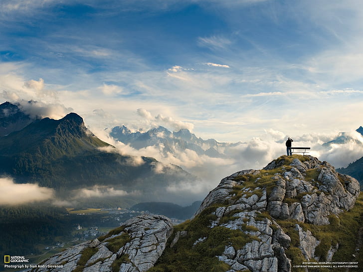 National Geographic, bench, clouds, mountains, Italy, landscape, HD wallpaper