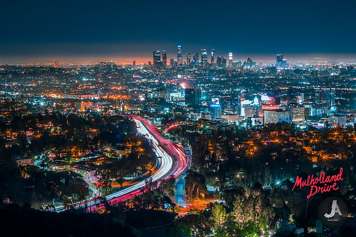 skyline, photography, light trails, Los Angeles, city lights, HD wallpaper