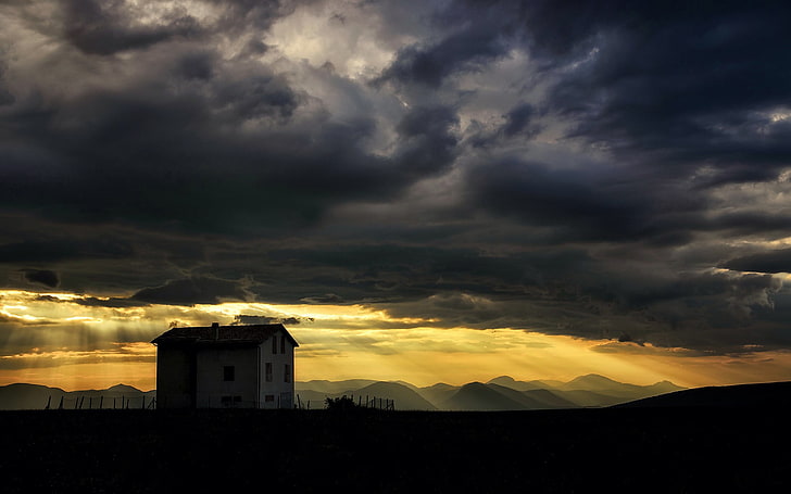 white and orange concrete house, landscape, mountains, sky, clouds