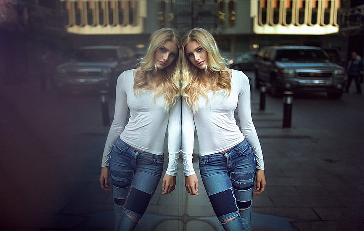 women, blonde, portrait, jeans, torn jeans, glass, reflection