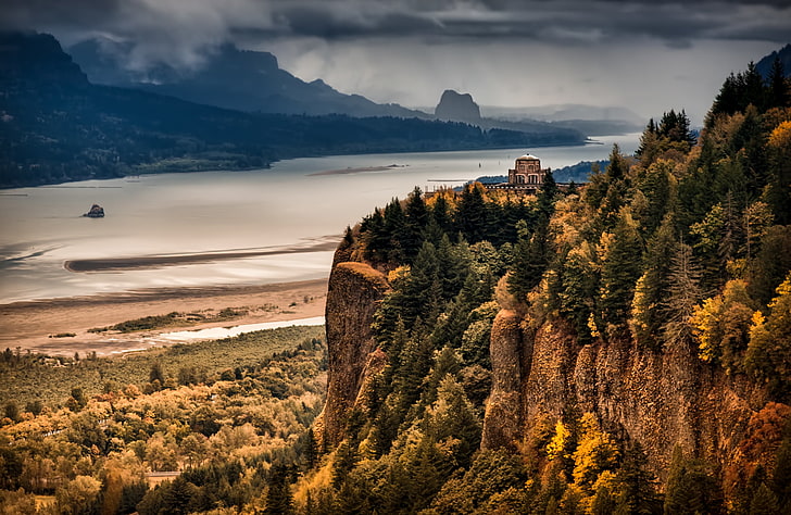 brown rock formation, autumn, forest, mountains, river, Columbia River Gorge