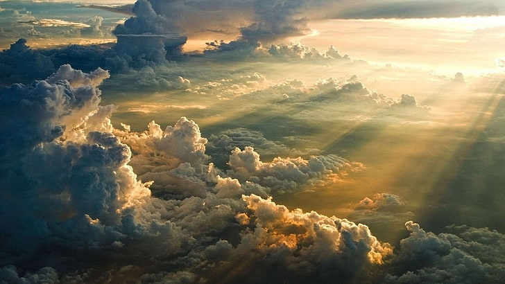 cumulus clouds, mist, nature, landscape, sun rays, sunset, sunlight